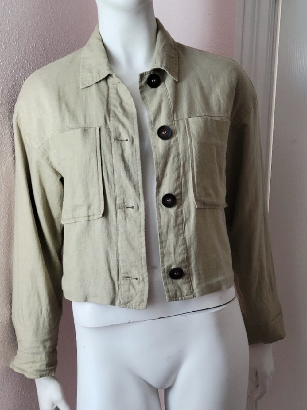 ZARA Oversized Sage Green Linen Blend Cropped Utility Jacket Sz S Light Olive - Picture 4 of 5